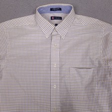 CHAPS Mens Dress Shirt Large 16-16.5 White Plaid Classic Fit Oxford Button Down