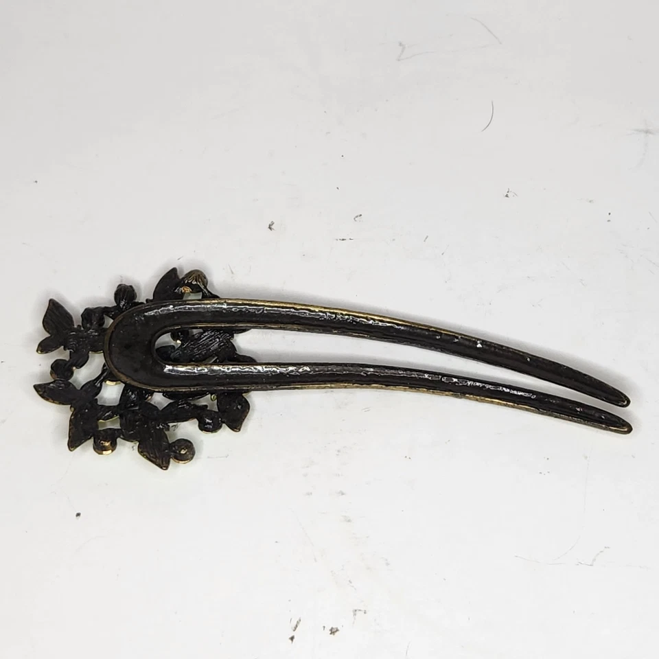 VTG Bronze Jeweled Floral Butterfly haircomb Pin Green Gild Glam Retro Victorian - Image 2 of 3
