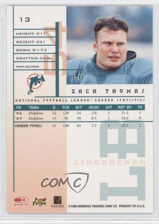 1998 Leaf Rookies & Stars Zach Thomas #13 HOF - Image 2 of 2