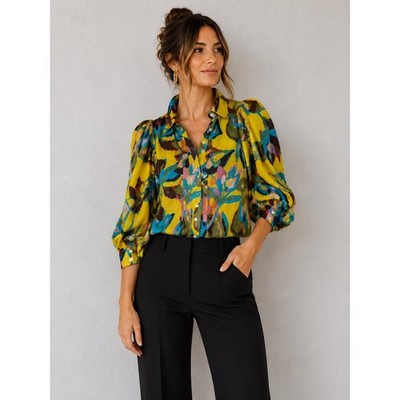 SMYTHE 100% Linen Abstract Print Puff Sleeve Button Front Blouse XS Canada