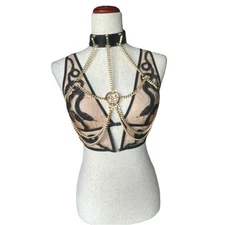 Mariemur Black Leather Gold Chain Bra Choker - Luxury Statement Accessory Size L