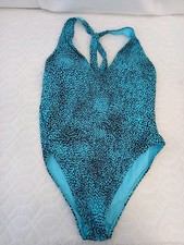 🙈unbranded Blue Black Spot Halterneck swimming Costume Vgc