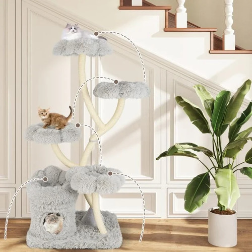 Tiragraffi in sisal albero gatto alto gattino animale domestico torre 4 piattaforme a forma di fiore - Foto 11 di 20