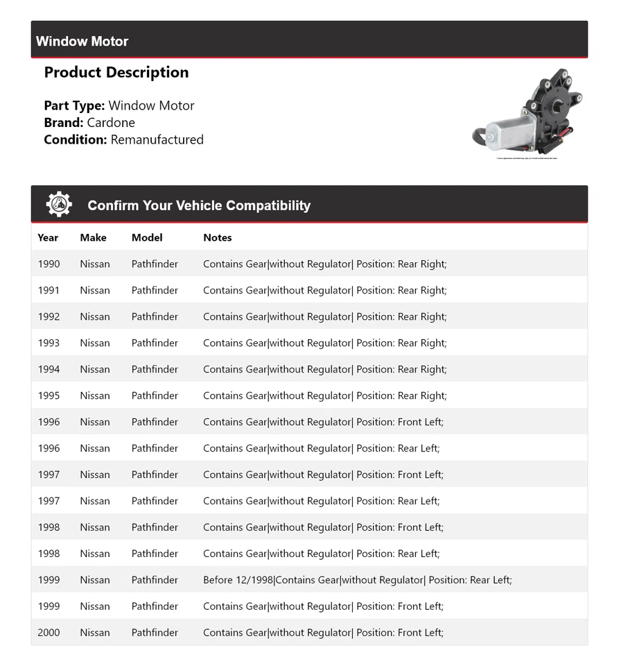 Para Nissan Pathfinder 1990-2000 Ventana Motor Cardone 1991 1992 1993 1994 1995 Foto 2 de 4