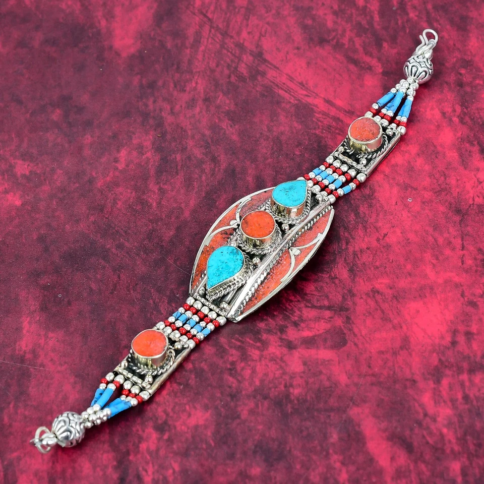 Pulseira de prata maciça nepalesa de coral vermelho, pedra preciosa turquesa 925 para mãe - Imagem 4 de 4