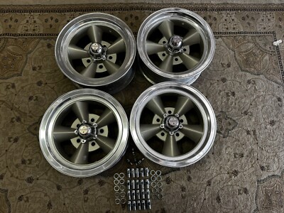 VINTAGE SET 5 SPOKE TORQ - THRUST STYLE POLISHED LIP 14X6 4 3/4 CHEVY MISMATCHED