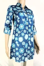 JEAN-PIERRE KLIFA PARIS Teal Blue Cotton Linen Print Tunic XS Roll Tab Sleeves