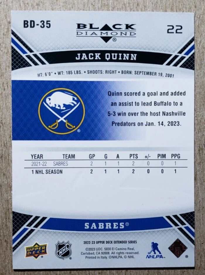 2022-23 Upper Deck Extended Series Black Diamond Jack Quinn RC Sabres Rookie - Image 2 of 2