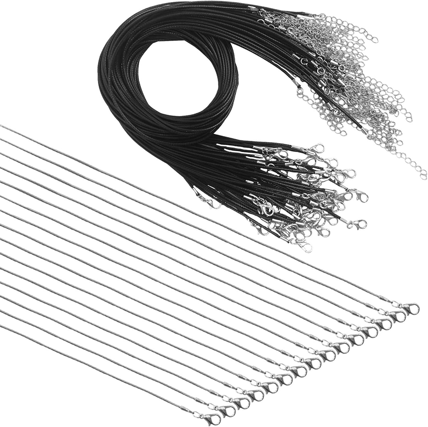 50 Pieces of Waxed Necklace Cord with Clasp and 15 Pieces of Snake Chain Charms