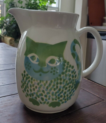 Arabia Finland Midcentury Blue Green Kissa Cat Large Pitcher Kaj