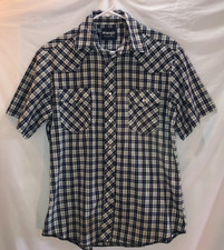 Wrangler Pearl Snap Button Down Blue Plaid Wrancher Short Sleeve Vintage Shirt
