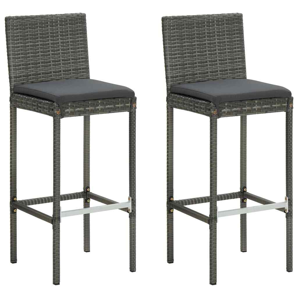 vidaXL Garden Bar Stools with Cushions 2 pcs Grey Poly Rattan UK NEW