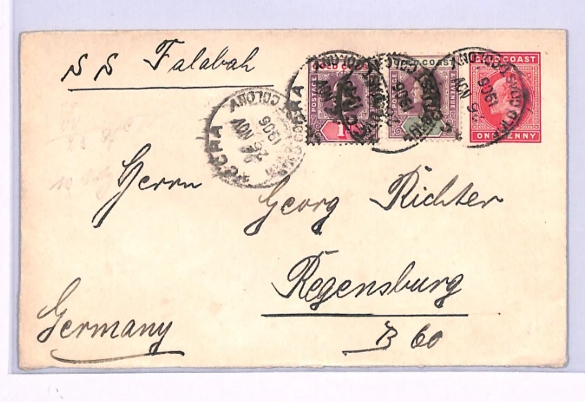 GOLD COAST Cover KEVII Stationery Mixed Franking SHIP Falabah 1906 Germany XH43 - Image 2 of 4