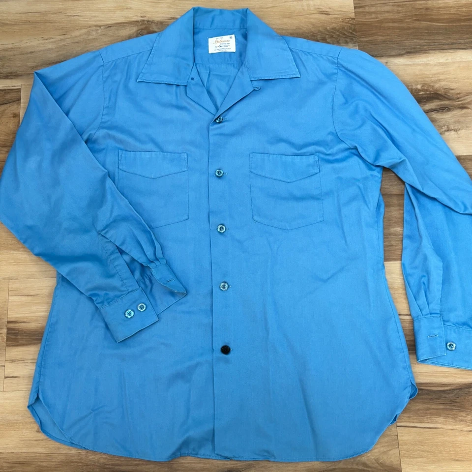 Vintage 1960s Arrow Gabanaro GABARDINE Shirt Mens Medium Blue Loop Collar Board - Image 2 of 4