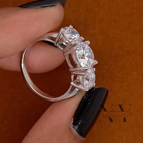 Moissanite Three-Stone Engagement Ring Solid 14k White Gold 3 Carat Round Cut - Picture 5 of 11