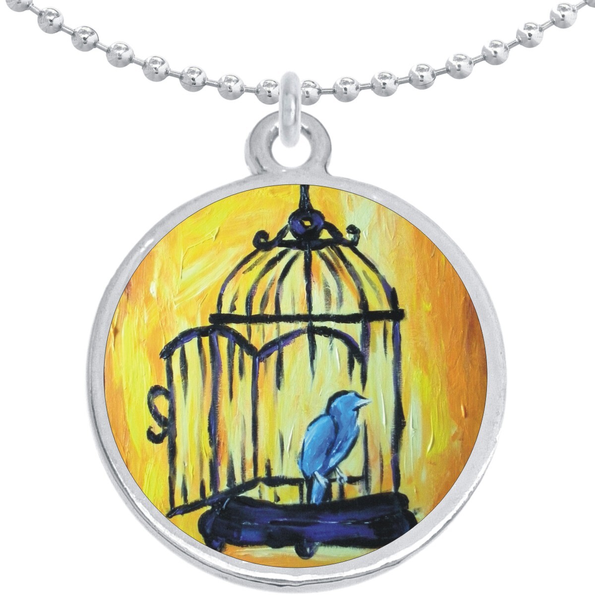 Bird Cage Bluebird Round Pendant Necklace Beautiful Fashion Jewelry