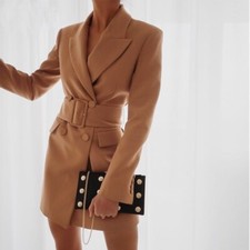 Elegant Khaki Autumn Winter Double Breasted High Waist Office Blazer Long Coat