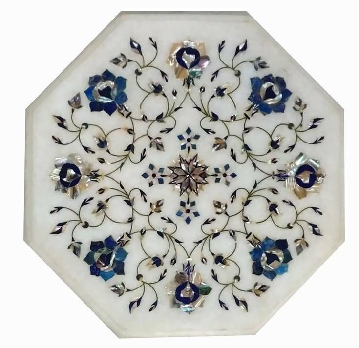 12'' Octagon White Marble Table Top Semi Precious Stone lapis Inlaid Floral Art