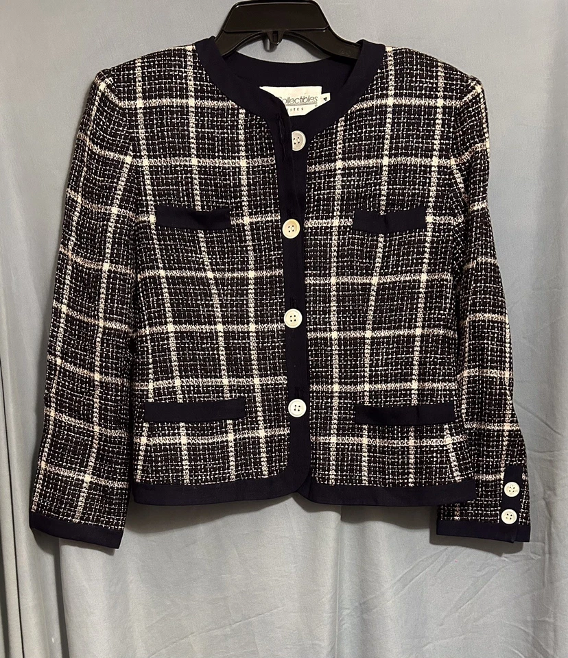Traje Falda Pequeña Vintage JH Collectibles Azul Marino/Blanco Chaqueta talla 4P Falda talla 8P Foto 2 de 4
