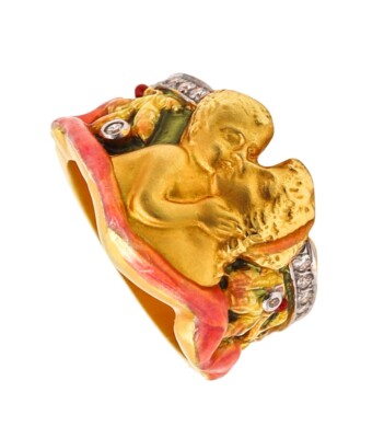 Masriera Art Nouveau Enameled Ring In 18Kt Yellow Gold With VS Diamonds
