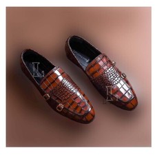 Handmade Men's Brown Two Tone Alligator Texture New Style Loafer Shoes, Sale !!!