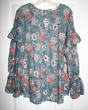 Melrose and Market Womens 2X Sage Floral Ruffle Blouse Top NWT