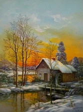 Vintage 1940 T. Crane 8x6 Print The First Snowfall, Cottage at Sunset