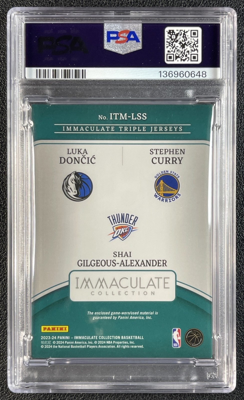 STEPHEN CURRY LUKA DONCIC SGA SHAI PSA 9 2023 IMMACULATE TRIPLE GU JERSEY 97/99 view 2