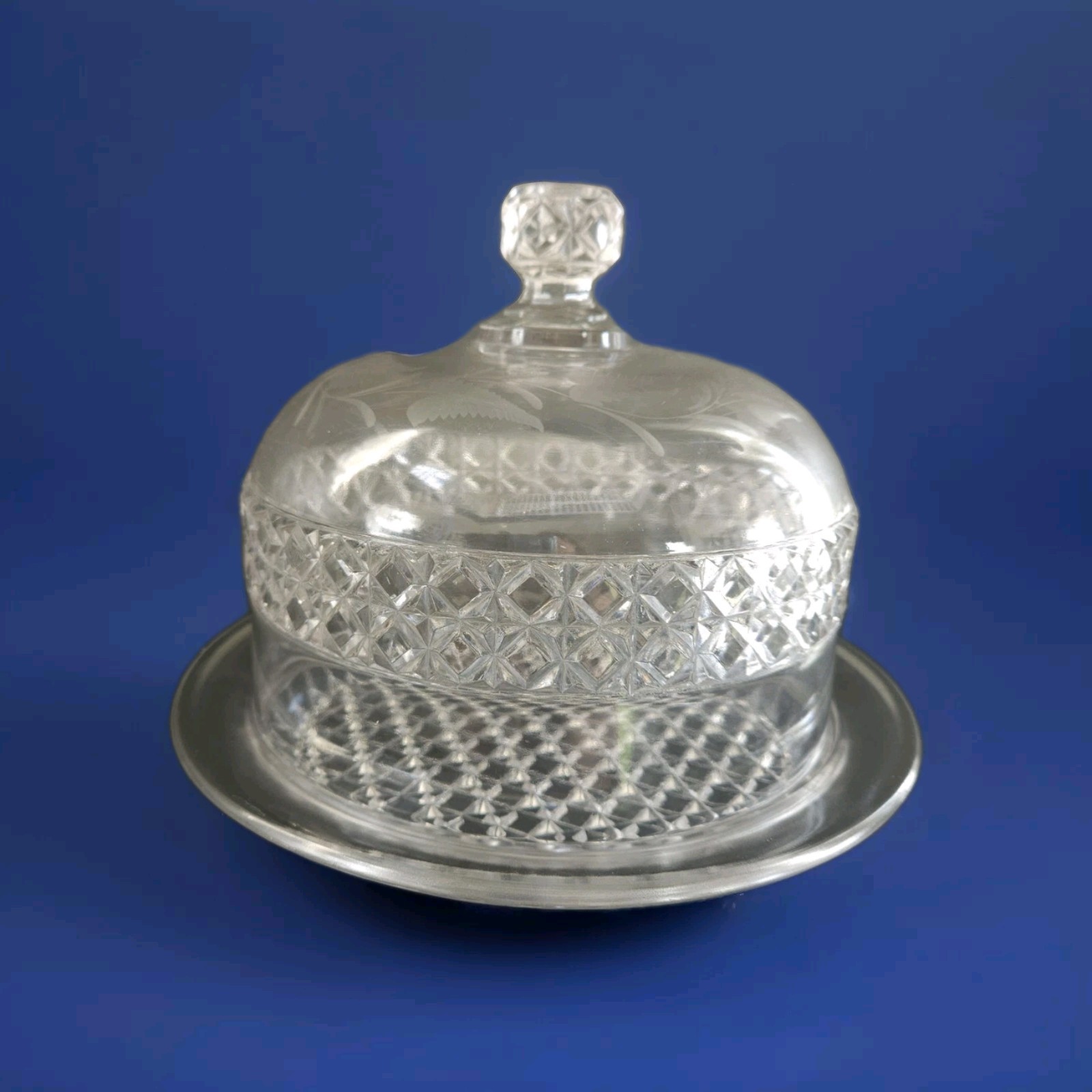 Vintage Heavy Crystal Glass Dome Cheese Dish with Fern Pattern  