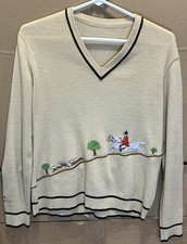 Vintage Embroidered Tan Sweater French La Chasse Hunting Womens V-Neck S/M