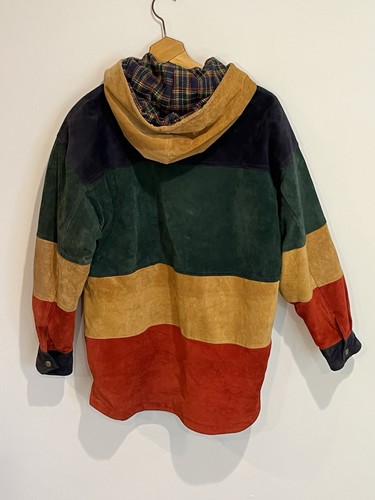 Vintage Suede Anorak Toggle Parka Color Block Mens Hooded Small 90s Spasso - Picture 3 of 8
