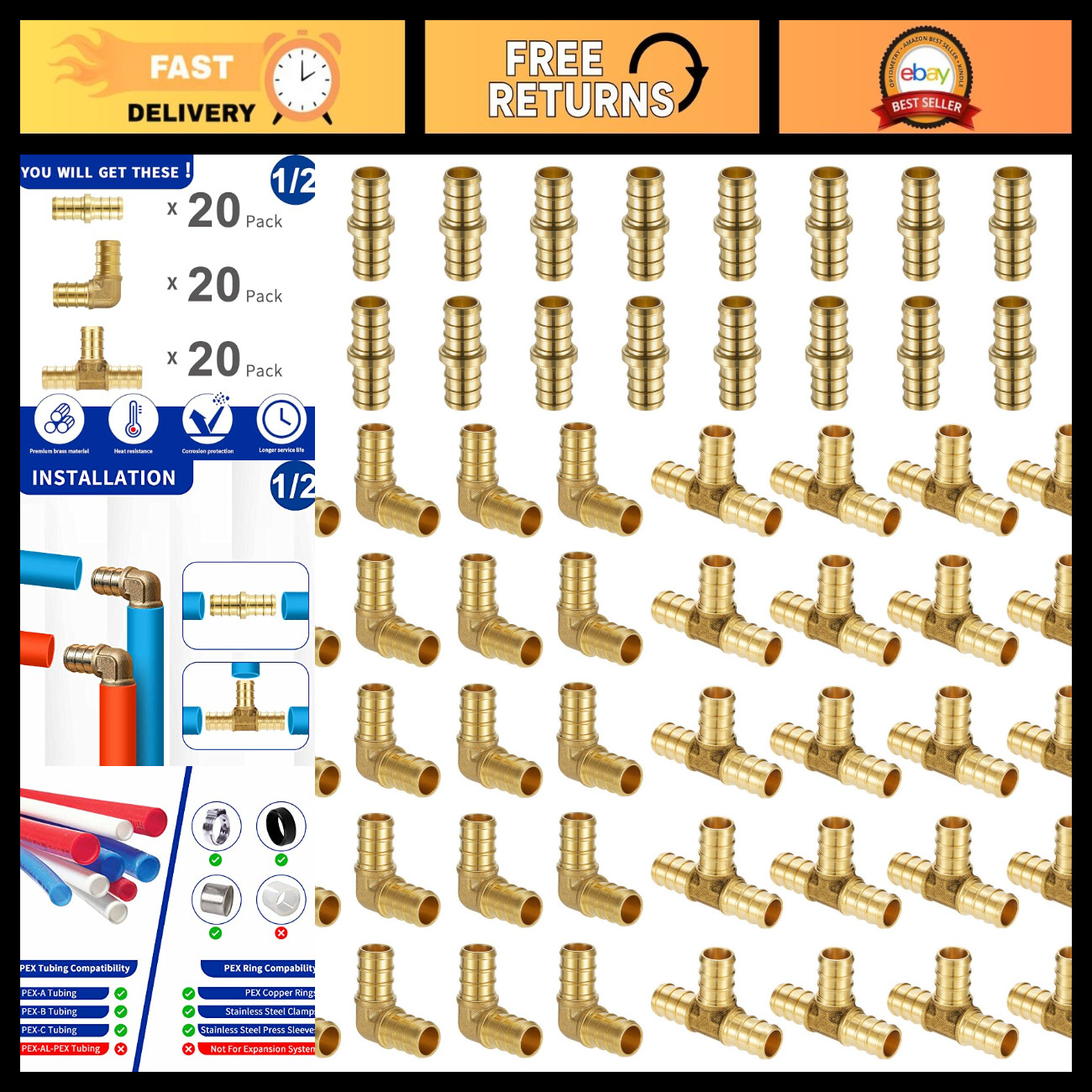 60 Pack 1/2 Inch PEX Fittings Assortment Kit - Brass Crimp Connectors, Couplings
