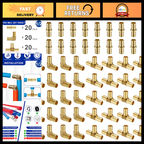 60 Pack 1/2 Inch PEX Fittings Assortment Kit - Brass Crimp Connectors, Couplings
