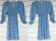 Ladies Blue Floral Dress Size M Long Sleeve Low V-Neck Smocked Waist