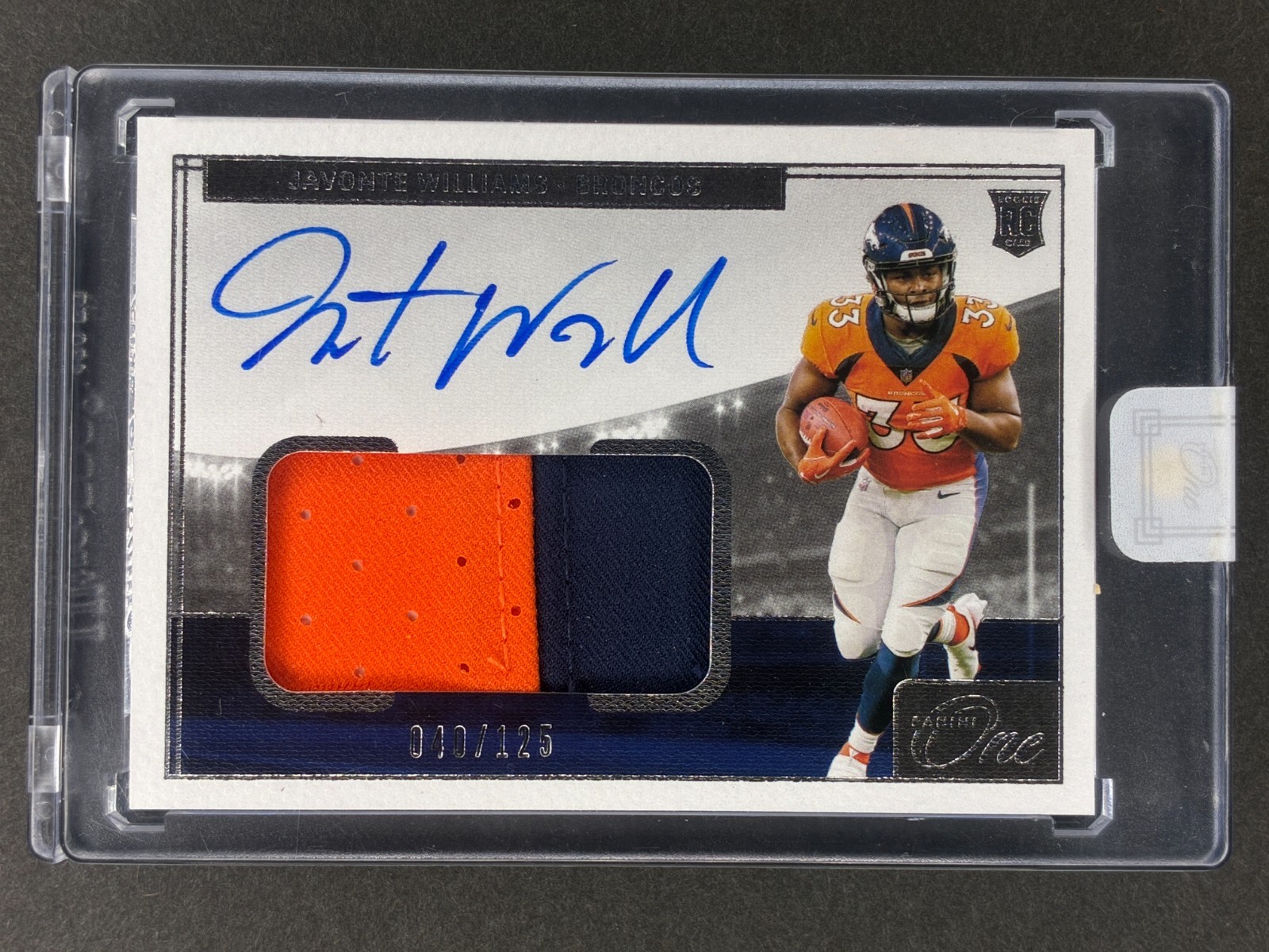 2021 Panini One Javonte Williams #15 Rookie Patch Auto /125 RPA 2 Color Patch RC