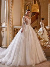 Elegant Wedding Dress Lace Appliques V Neck Long Sleeves A-line Bridal Gown