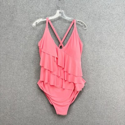 Beyond Control Tiered Ruffle One Piece Swimsuit Size 14 Coral Removable Pads