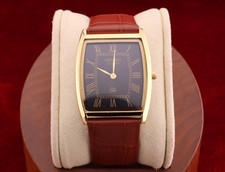 Vintage Men Seiko quartz Barrel-Tank Black Dial Light Brown leather Dress Watch