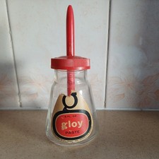 OLD VINTAGE RARE GLOY PASTE EMPTY GLASS BOTTLE WITH BRUSH ATTACHED LID, ENGLAND