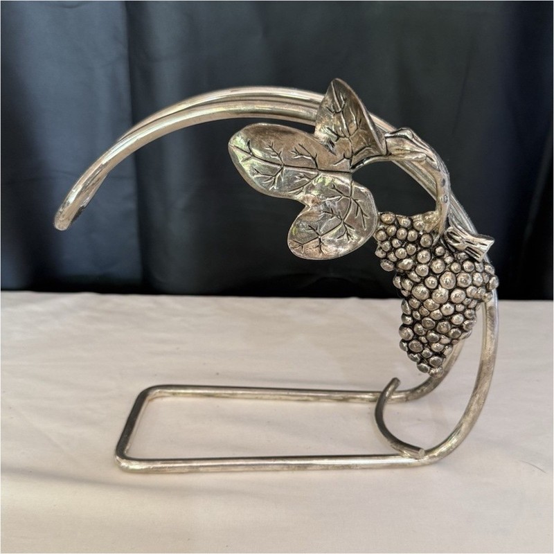 Silver Metal Wine Bottle Caddy Holder with Grape and Leaf Design
