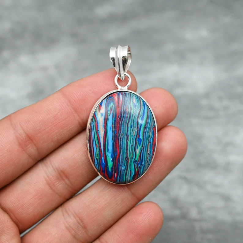 Natural Rainbow Calsilica Gemstone 925 Sterling Silver Handmade Pendant Jewelry