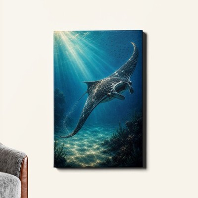 Manta Ray Canvas Print Underwater Sunbeams Teal Ocean Painting
