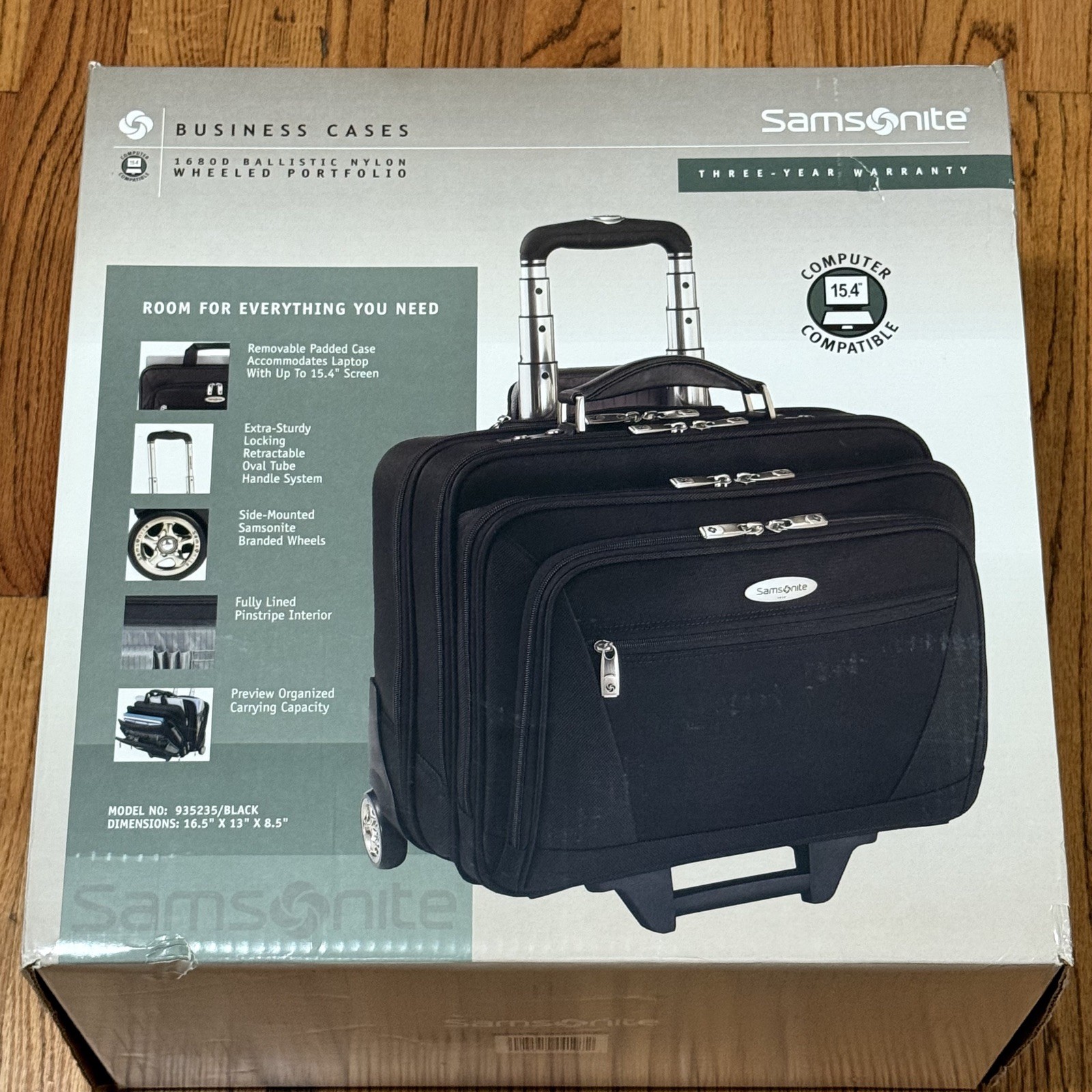 Estuche de negocios con ruedas Samsonite portafolio rodante negro llevar 935235 caja abierta