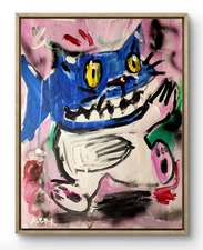 Original Art Fish Cat 14x11 Basquiat Style Graffiti Abstract Art Painting