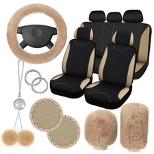 17 Pcs Car Seat Cover Full Set for Women Fluffy Fuzzy Car Beige Black
