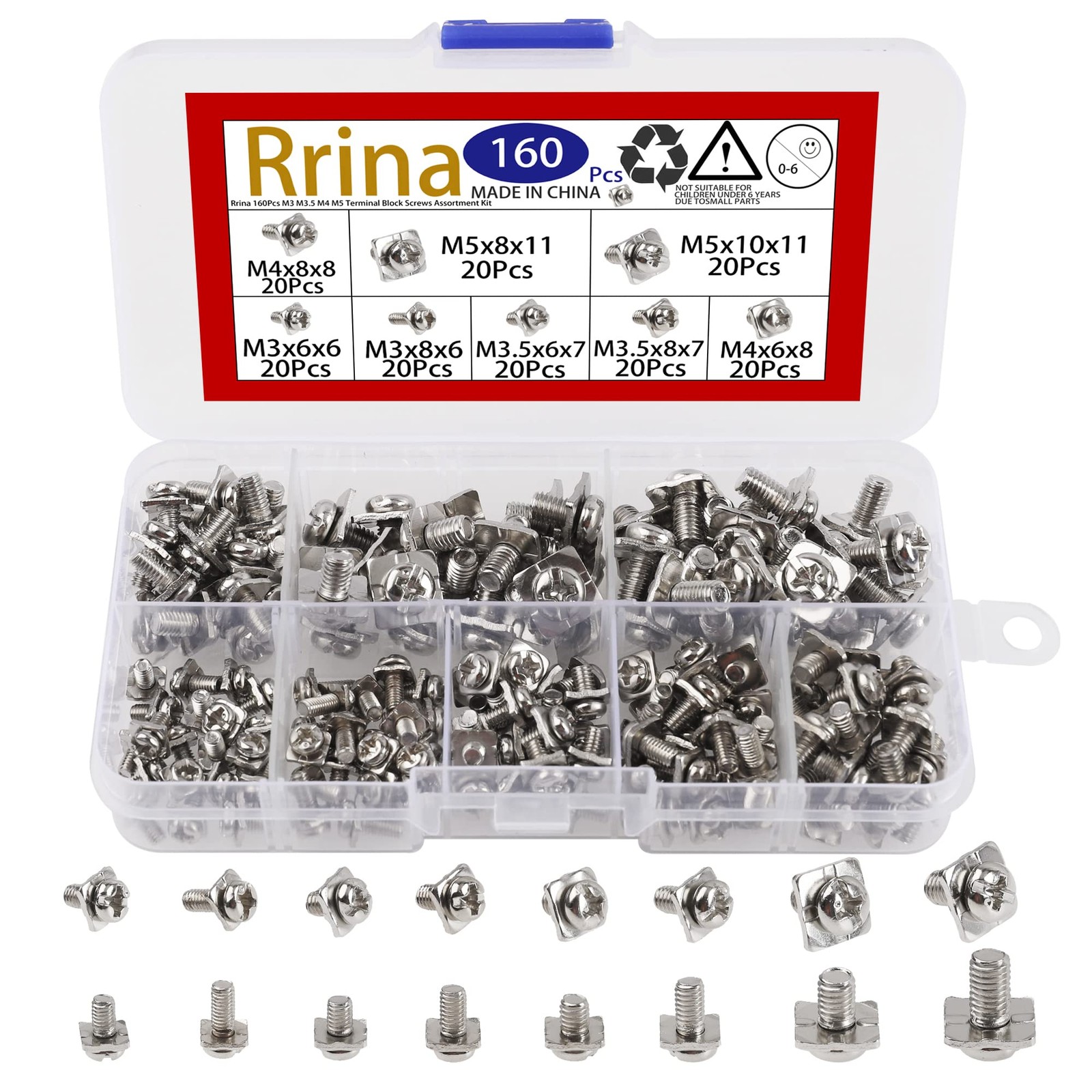 Terminal Block Screws Kit M3 M3.5 M4 M5 Nickel Plated Carbon Steel 160PCS
