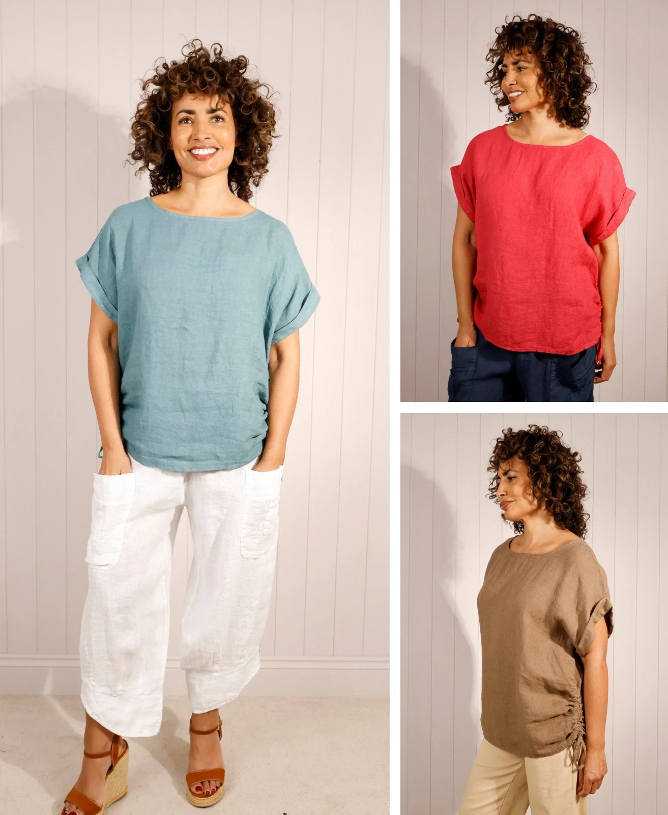 Goose Island 100% Linen Short Sleeve Top with Ruched Side Ties New 2026