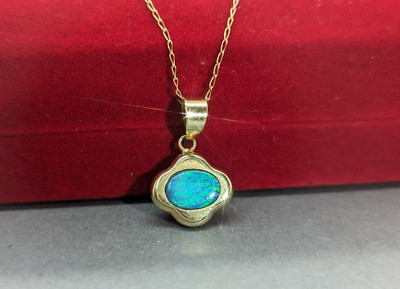 7x5mm Oval Natural Blue Opal Pendant - 14K Yellow Gold Clover Necklace