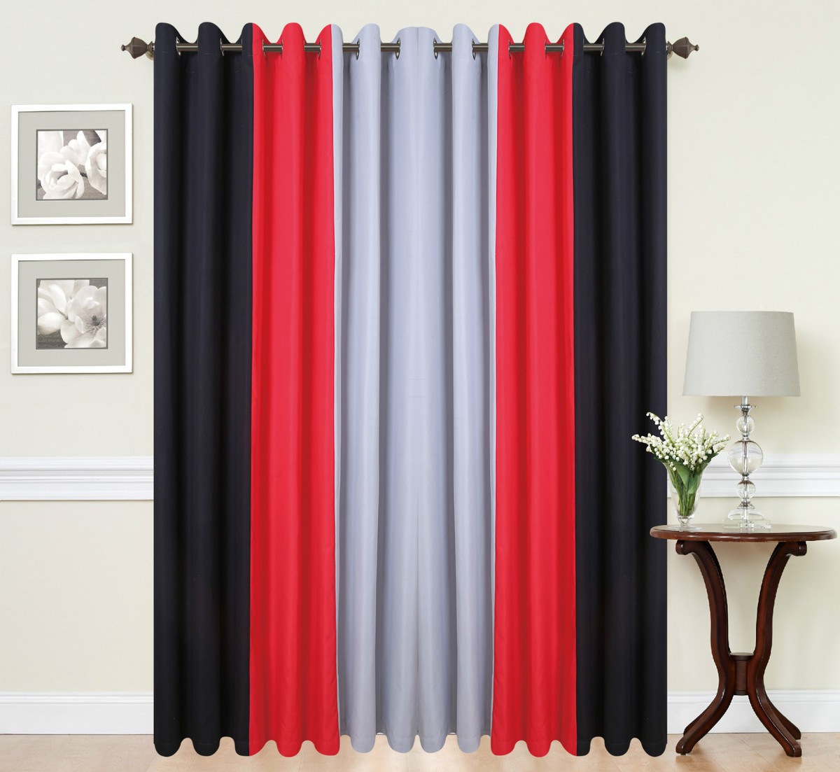 Plain Eyelet Curtains Ring Top Fully Lined Pair 3 Tone Red Black Ready Made  Drap | eBay, image size:1200x1103