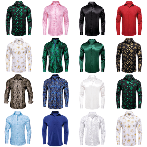 Mens Shirt Silk Long Sleeve T Shirts Dress Suit Slim Button Down Floral Casual